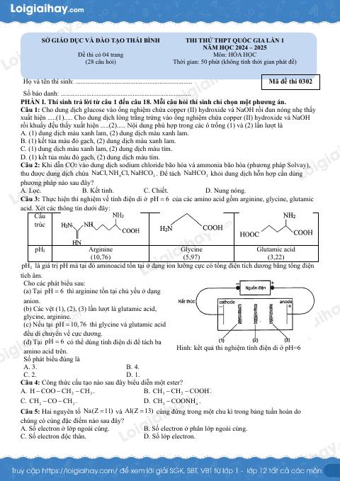 Đề thi thử THPT môn Hóa lần 1 năm 2025 Sở GD Thái Bình
